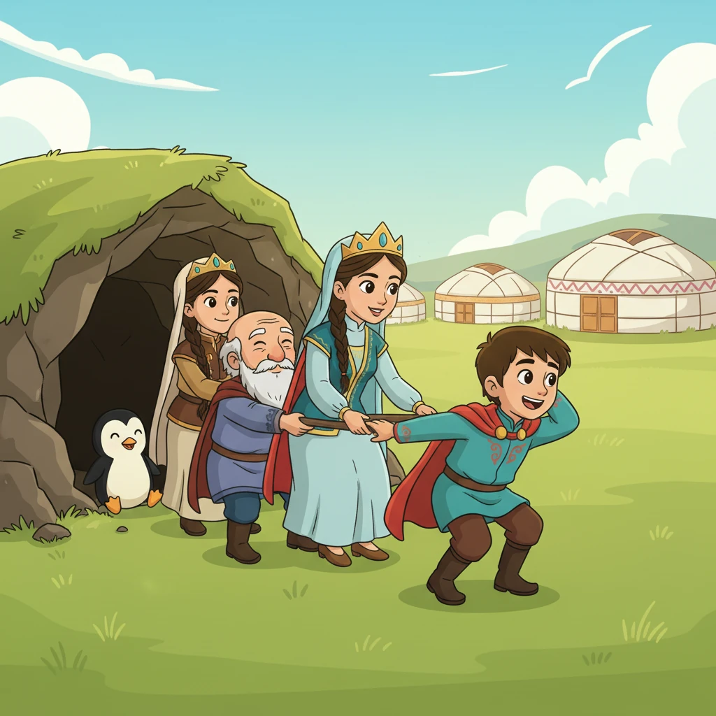 Шойынқұлақты жеңгеннен кейін, Ер Төстік әкесін, Күн мен Айдың қыздарын, соның ішінде Күнікейді де құтқарады. Олар бірге Жер астынан жоғары көтеріліп, жарыққа шығып жатыр. Күнікей Төстікке ризашылығын білдіріп тұр.