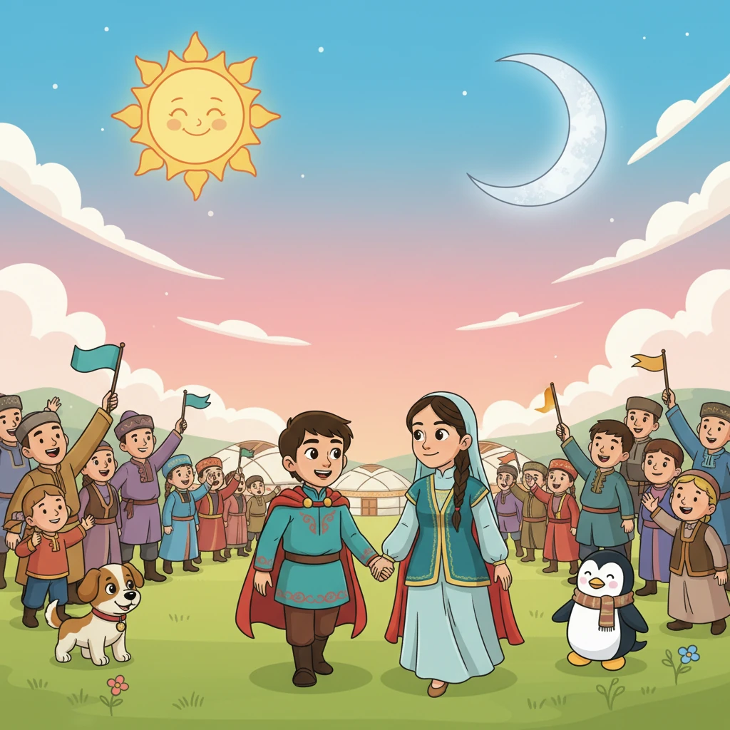 Ер Төстік Күнікеймен бірге өз ауылына оралады. Олардың айналасында отбасы мен достары қуанып, тойлап жатыр. Күн мен Ай аспанда жарқырап тұр, бұл олардың бақытты өмірінің бастамасы.