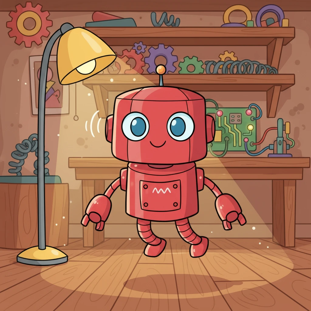 Boltwick the robot floated gently in his cozy workshop, a happy hum escaping his metallic chest. His shiny red body and bright blue eyes sparkled under the soft glow of a nearby lamp. He was a very special robot, always eager for a new day of inventing and exploring.