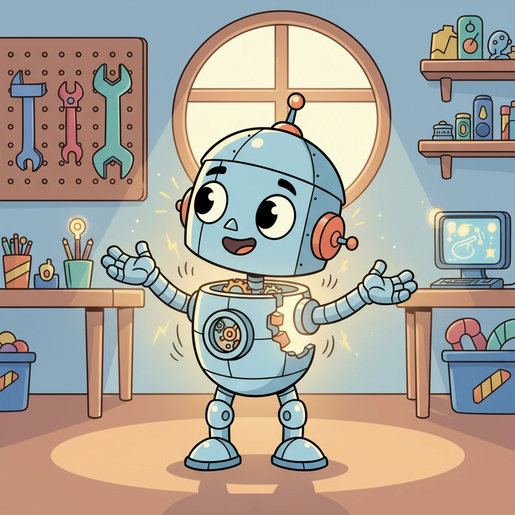 "Hmm, what shall I learn today?" Boltwick wondered, his gears whirring thoughtfully. With a cheerful beep, he decided it was time for his grand "Exploration Mode!" His head tilted, his arms stretched out, and a tiny click sounded as the first parts began to separate.