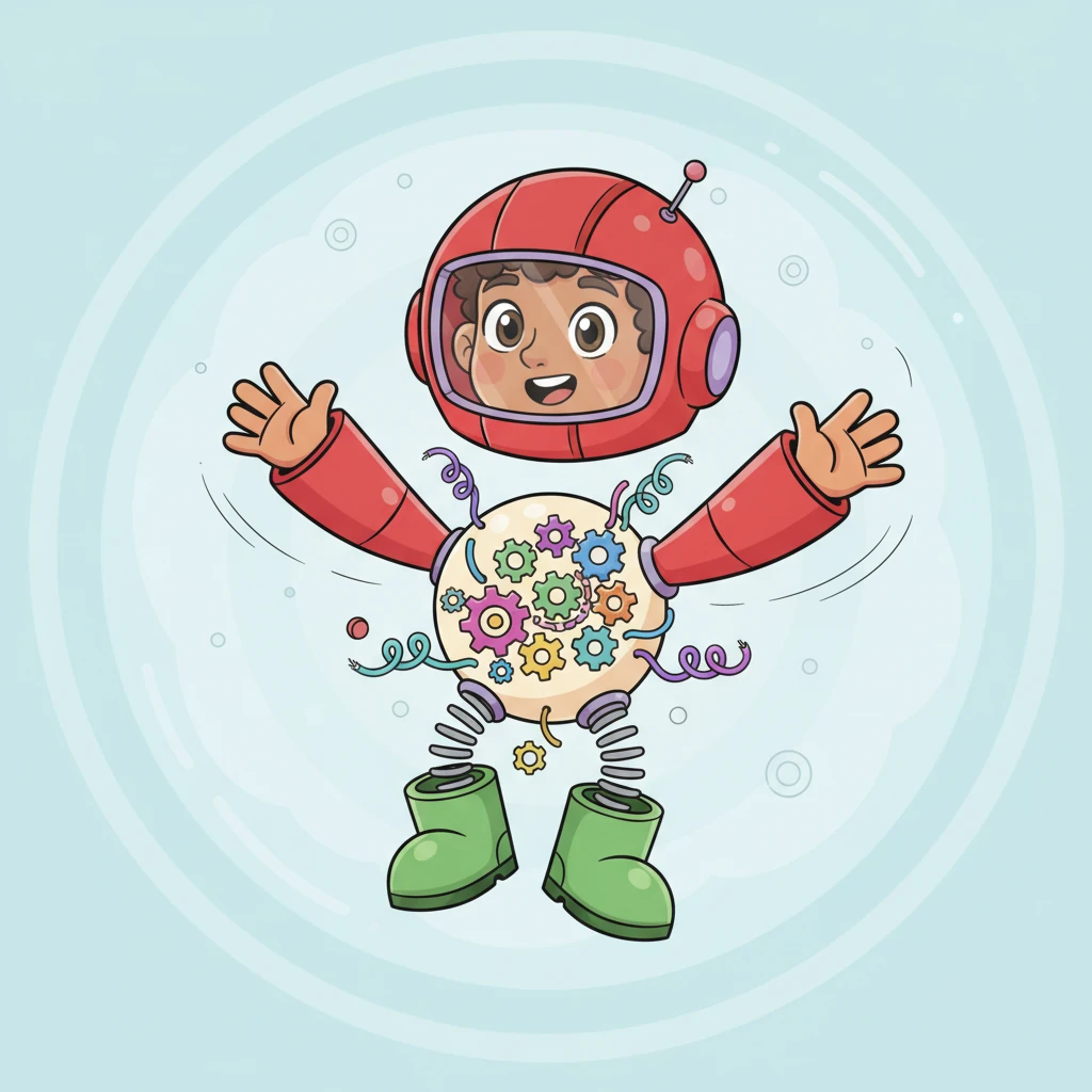 Whoosh! With a gentle pop, Boltwick's helmet-head drifted upwards, his chunky red arms floated sideways, and his springy legs bobbed downwards. Tiny gears and colorful wires, usually hidden, now spun and swayed around his central core, all suspended magically in the air.