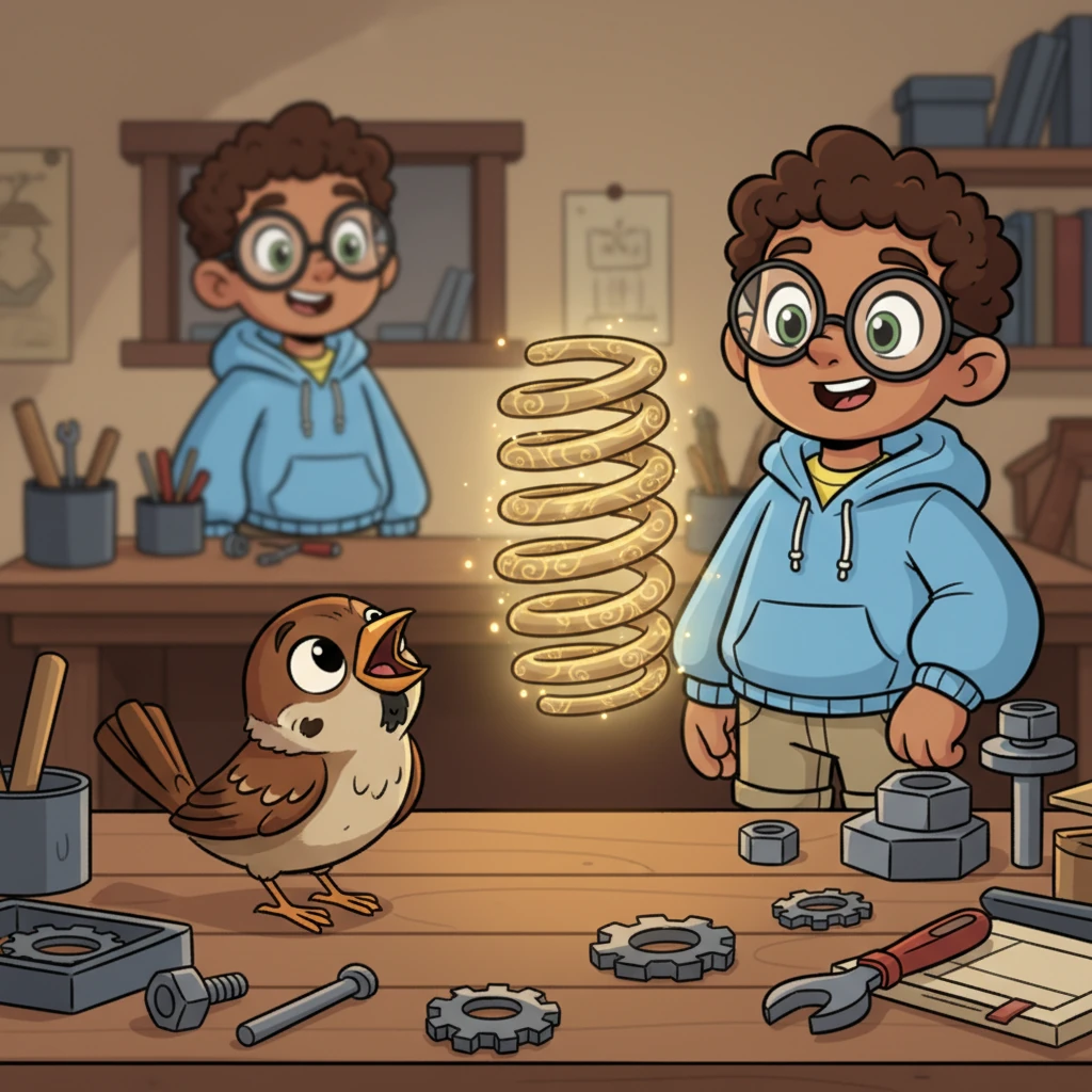 A curious little sparrow, perched on a workbench, chirped in amazement as one of Boltwick's shiny, coiled springs spun slowly past. The spring pulsed with a soft glow, revealing intricate patterns on its surface, as if inviting a closer look at its bouncy secret.