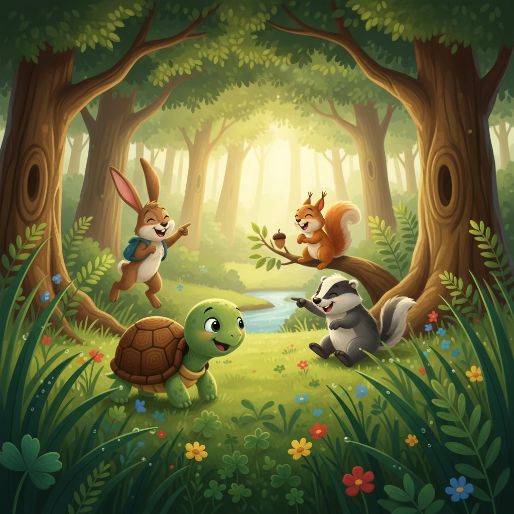 In a lush green forest, lived Timmy the turtle. He was a small turtle, and he wasn't very fast. The other animals would often laugh at his slow pace as he ambled through the tall grass and under the shade of the trees.