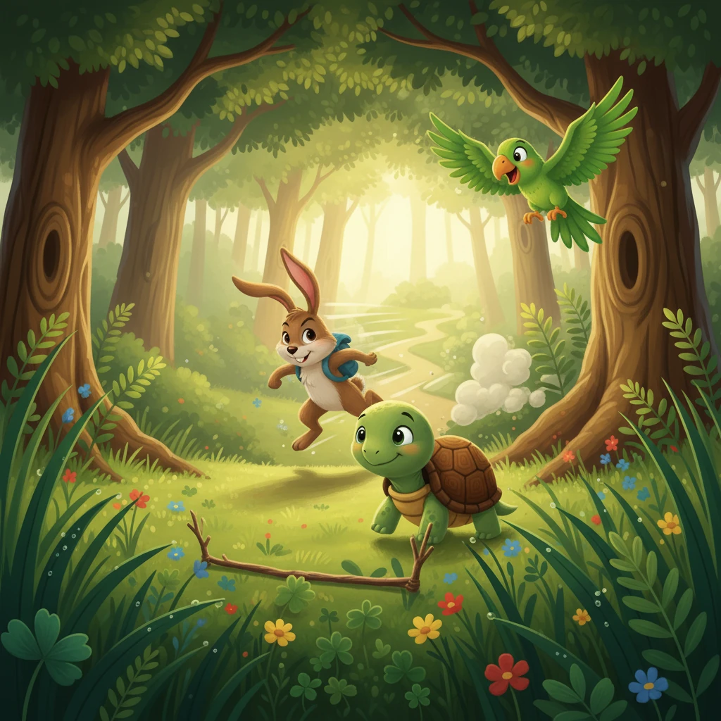 One sunny morning, Ricky the Rabbit challenged Timmy to a race. Timmy just smiled, knowing he couldn't win. Ricky zipped off, leaving Timmy to slowly start. Penny the Parrot flew overhead, cheering for Ricky.