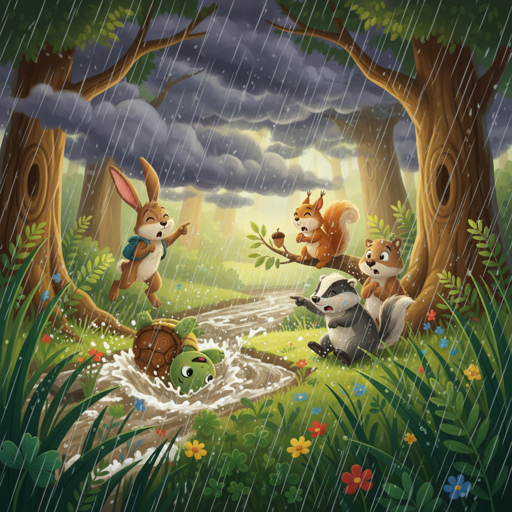 Suddenly, dark clouds rolled in, and the river near the forest began to rage. The wind howled and rain poured down. Ricky, playing near the bank, lost his footing and tumbled into the rushing water!