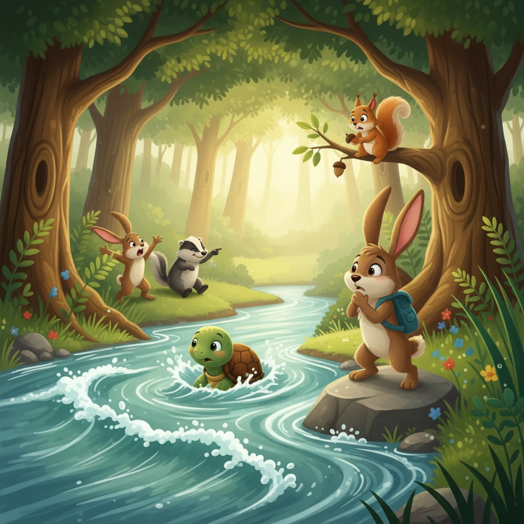 The other animals panicked, unsure of how to help their friend. Timmy, however, remained calm. He observed the strong current, thinking hard about how to solve the problem.