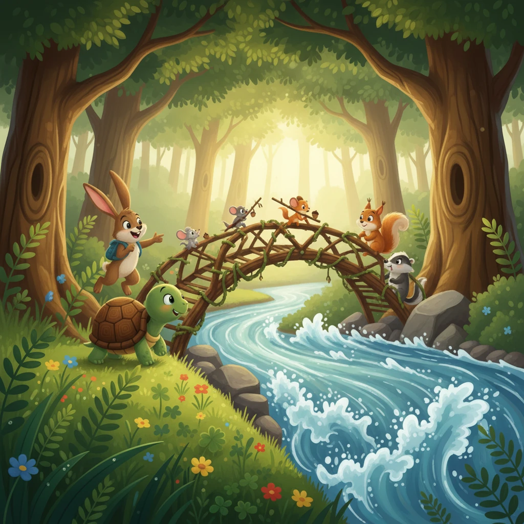 Timmy announced his plan: to build a bridge! He instructed the animals to find strong vines and sturdy sticks. Working together, they created a bridge across the raging river, inching towards Ricky.
