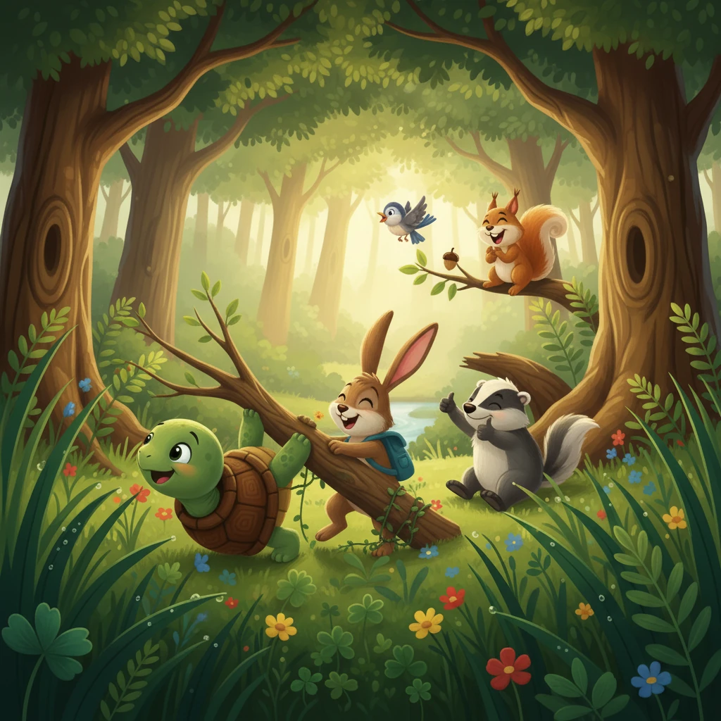 With great effort, Timmy pulled Ricky to safety. The animals cheered, realizing Timmy's thoughtful plan had saved the day. From then on, they understood that slowness can be a strength, and kindness can always conquer.