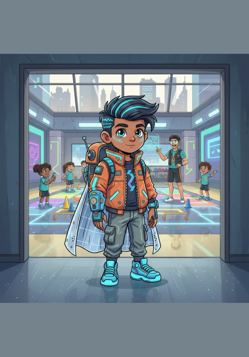 Gurbaj stands at the entrance of the bright, wide gymnasium with his backpack on. He sees the colorful floor markings and feels a flutter of excitement for gym class.