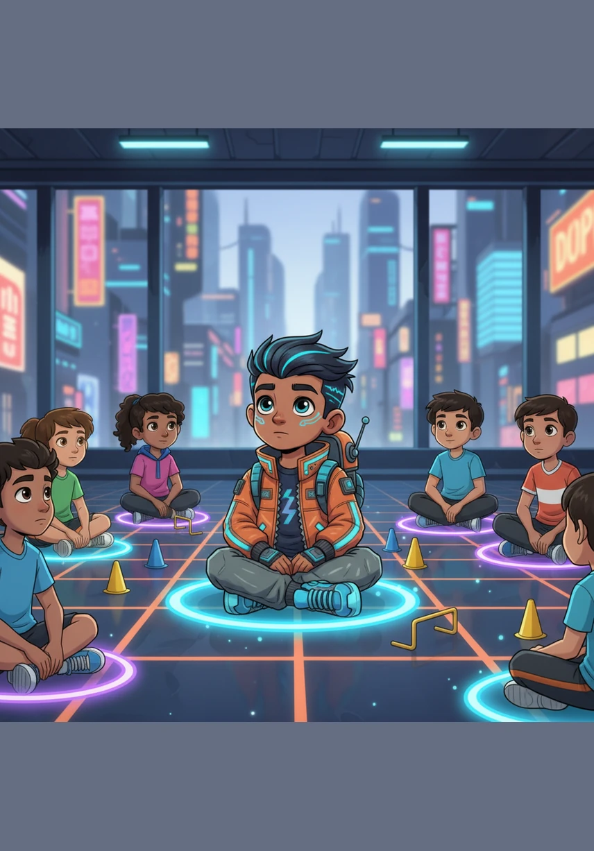 Gurbaj sits cross-legged on a blue circle, looking at his teacher with big, attentive eyes. He keeps his hands in his lap and listens carefully to the instructions for the day's activities.