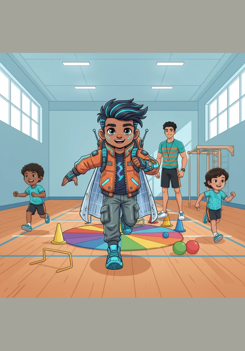 The class starts a game of tag, and Gurbaj runs with his arms out for balance, making sure to leave plenty of space between himself and his friends. He keeps his eyes looking forward to avoid any accidental bumps or collisions.