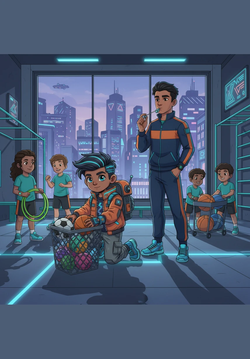 The whistle blows for the end of class, and Gurbaj helps his classmates gather the balls and hoops. He carefully places the equipment back into the large mesh bins so the gym stays tidy and safe for the next class.