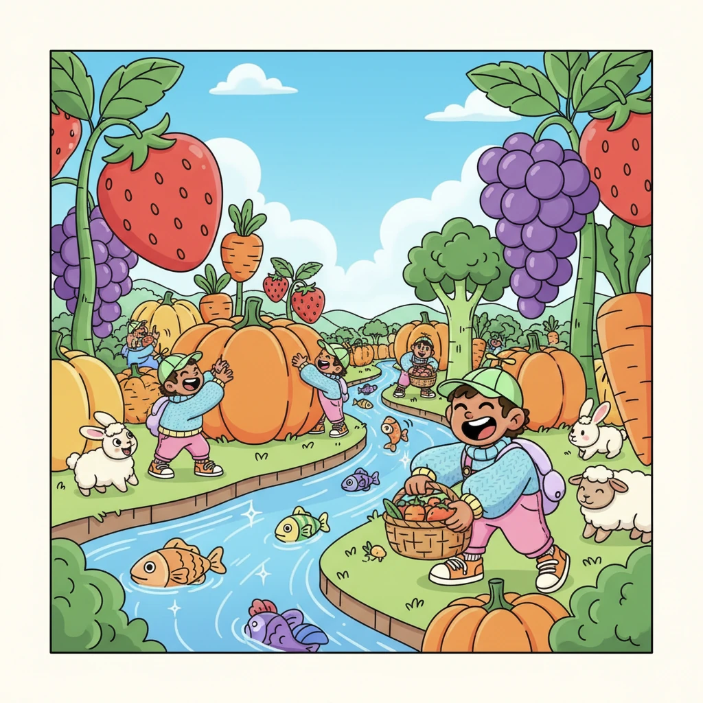 Fields around Sadoonam overflowed with giant, colorful fruits and vegetables, and rivers sparkled with fish. Friendly animals frolicked nearby as the people, with exaggerated happy expressions, gathered bountiful harvests, their baskets overflowing.