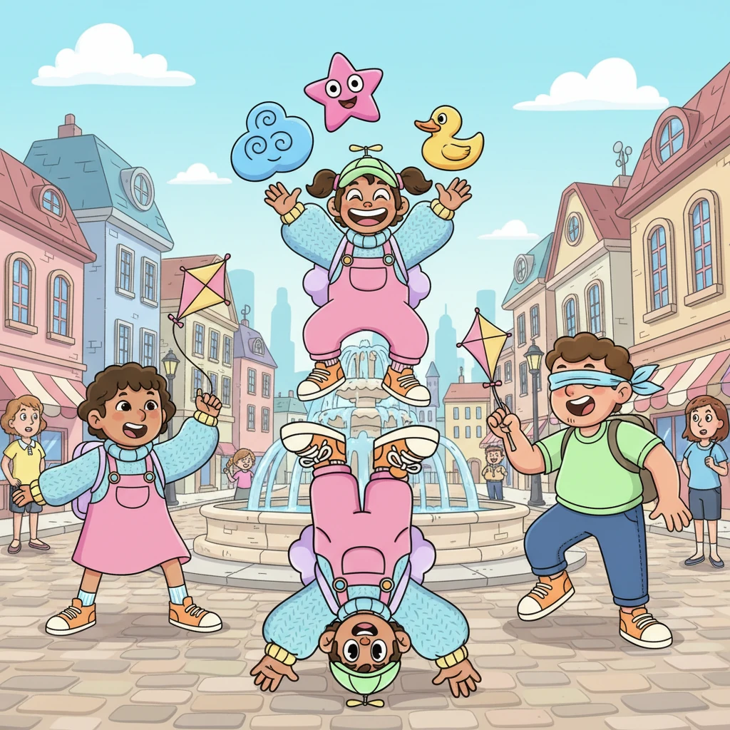 In the city square, some townsfolk engaged in unusual, slightly silly yet openly defiant actions, their exaggerated smiles a little too wide. They stood on their heads or juggled strange objects, playfully rebelling against traditional paths.