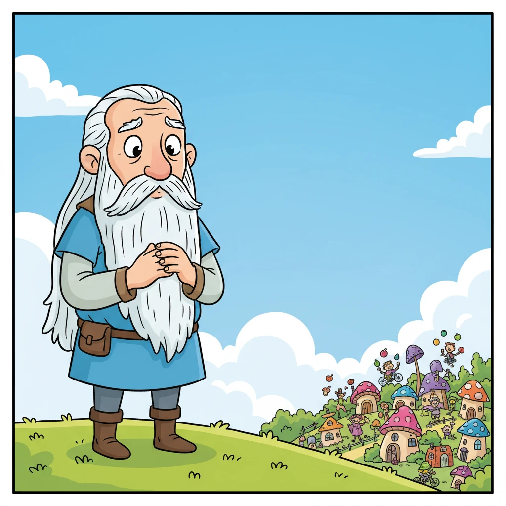 Elder Lut, a kind man with a long, flowing beard and gentle eyes, stood on a hill overlooking Sadoonam. He watched the peculiar activities with a thoughtful, slightly worried expression, his hands clasped.