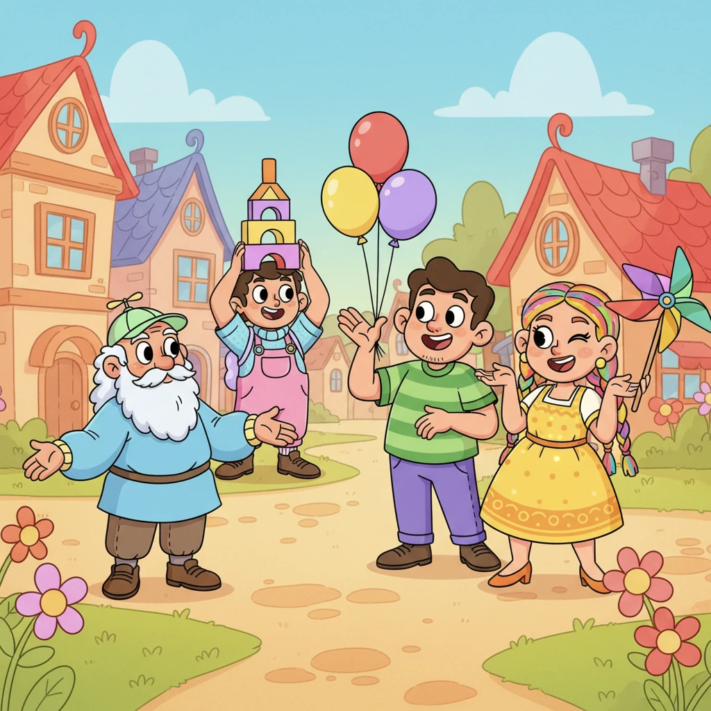 Elder Lut tried to speak to a group of townsfolk, gesturing gently towards a more harmonious path. The townsfolk, with exaggerated, dismissive shrugs and playful winks, continued their odd games, not quite listening to his wise words.