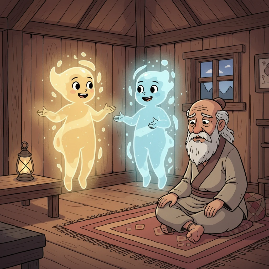 Two luminous, friendly figures with soft glows and kind smiles appeared before Elder Lut in his humble home. They had a serene aura, and Elder Lut listened intently, his face showing a mix of awe and sadness as they shared their message.