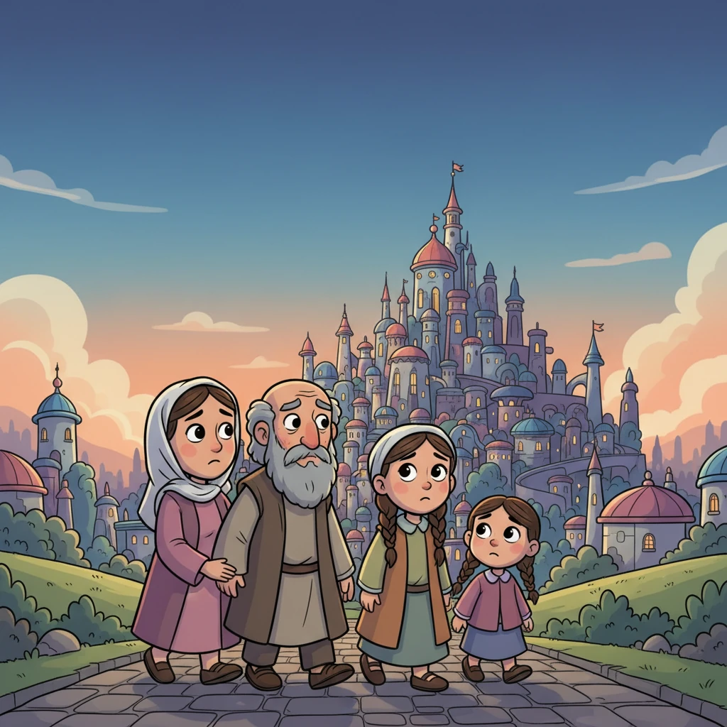 Elder Lut, his kind wife, and their daughters quietly walked away from the city just before dawn. They looked back at Sadoonam one last time, their expressions soft with sorrow, as the city lights twinkled behind them.