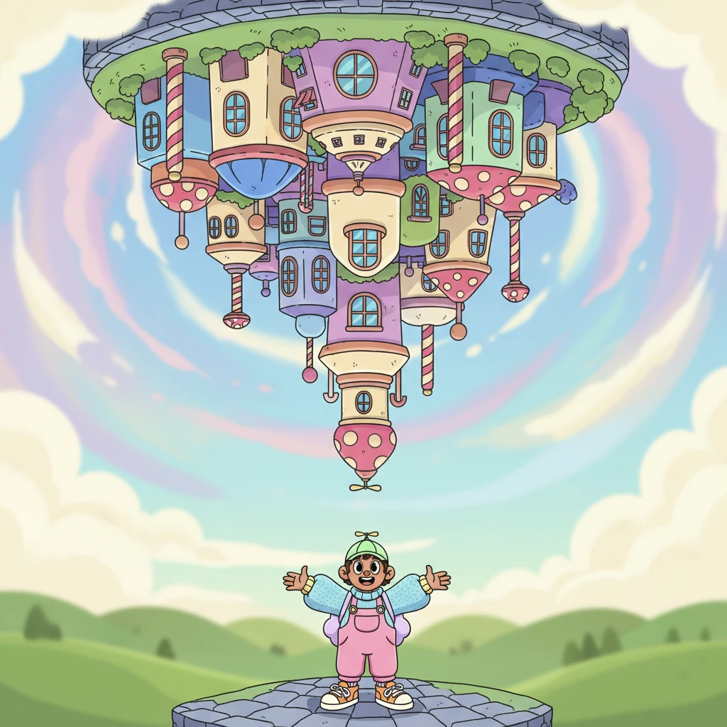 In a whimsical, magical swirl of colors, the entire city of Sadoonam gently lifted into the air. It slowly rotated, like a toy, and then settled back down, completely upside down, creating a fantastical, topsy-turvy landscape.