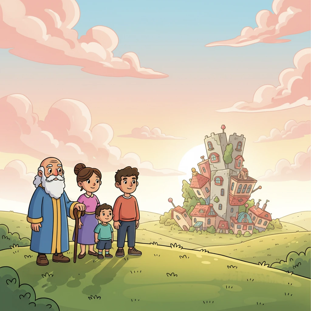 Elder Lut and his family stood on a distant hill, looking at the now-overturned city, which gleamed under the new morning sun as a curious, yet peaceful, monument. Their faces reflected quiet contemplation, understanding the lasting lesson of choices.