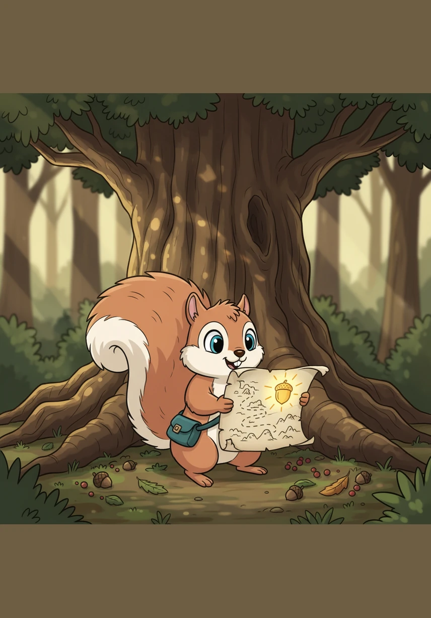 Sammy the squirrel was foraging near the roots of the Great Oak when his paw brushed against a piece of crinkled parchment. He carefully unrolled it to find a hand-drawn map with a mysterious golden acorn marked at the end of a winding trail.