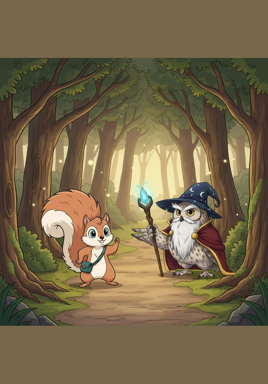 The trail led Sammy into the Whispering Woods, where the trees seemed to lean in and share secrets. High above, a wise old owl watched him with golden eyes, hooting a gentle warning to follow the light and trust his instincts.