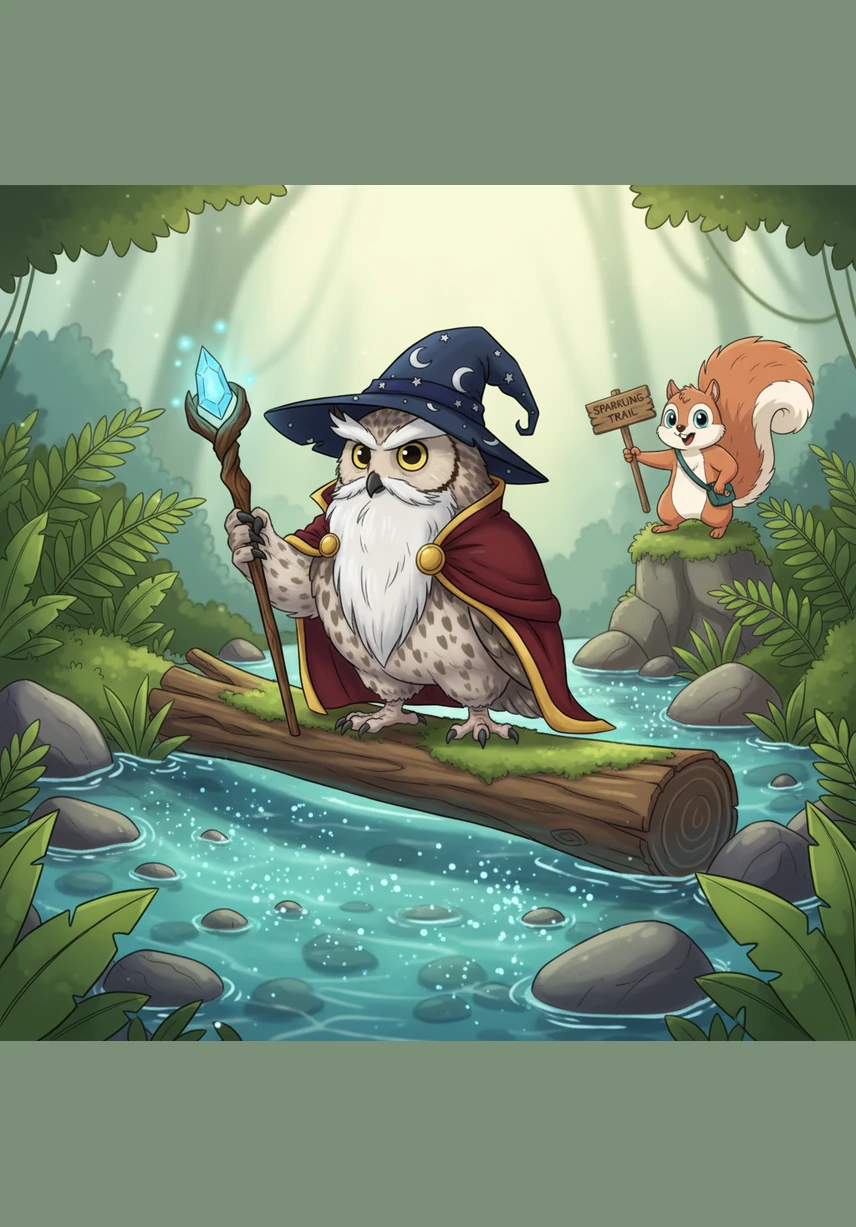 Soon, Sammy reached the Sparkling Stream, which rushed and bubbled over smooth, colorful stones. He carefully balanced on a fallen silver birch log, using his bushy tail to keep steady as he crossed the cold, clear water.