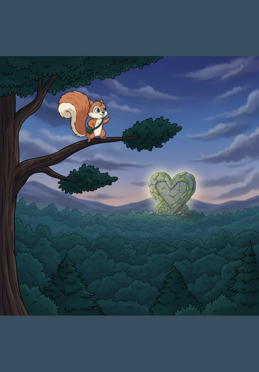 As the forest grew denser, Sammy had to climb the tallest pine tree to get his bearings. From the very top branch, he saw the final landmark—a massive, ancient stone shaped like a heart, glowing in the distance.