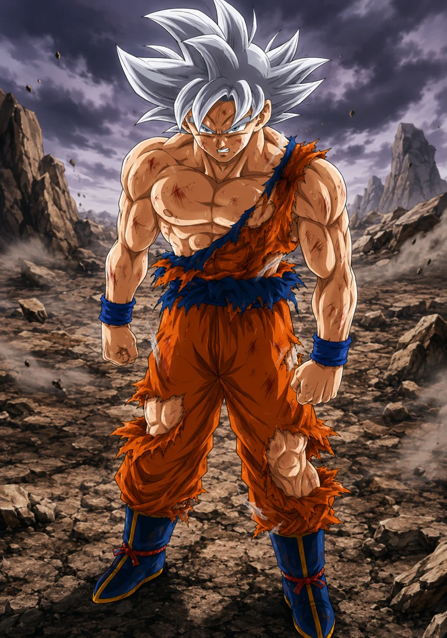 The barren alien arena shook violently as Goku stood battered and exhausted, facing an overwhelmingly powerful foe. With his energy depleted and his friends watching in despair, a heavy silence fell over the shattered battlefield.
