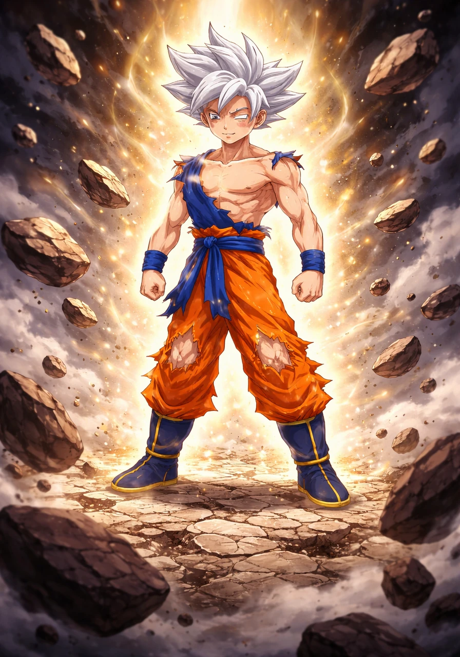 Suddenly, a strange, profound calm washed over Goku as he closed his eyes and let go of his conscious thoughts. Deep within his core, a spark of ancient, primal energy ignited, defying his physical limitations.