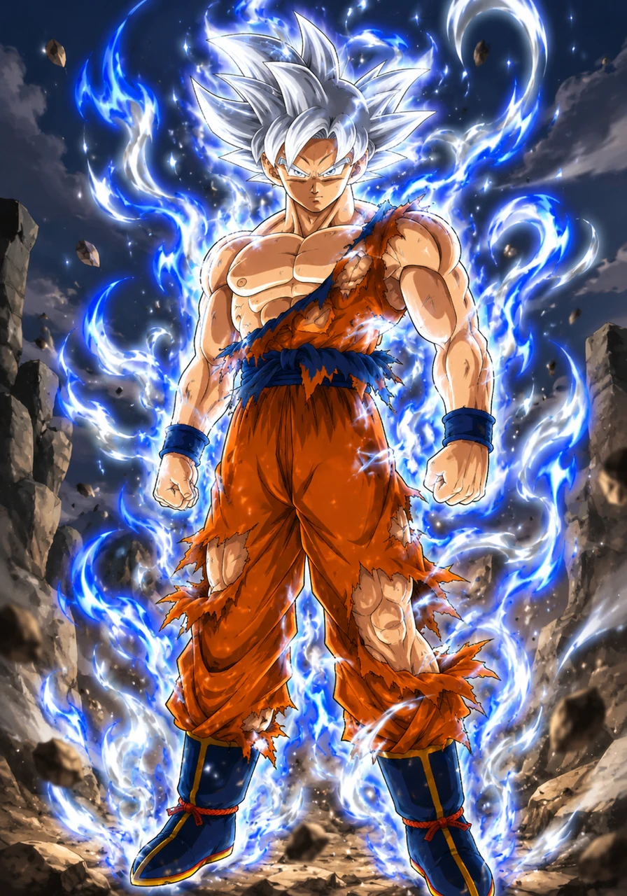 A brilliant, swirling aura of celestial blue and blinding white light erupted from Goku, shattering the ground beneath him. Heatless waves of divine energy pulsed outward, warping the very fabric of space around his body.