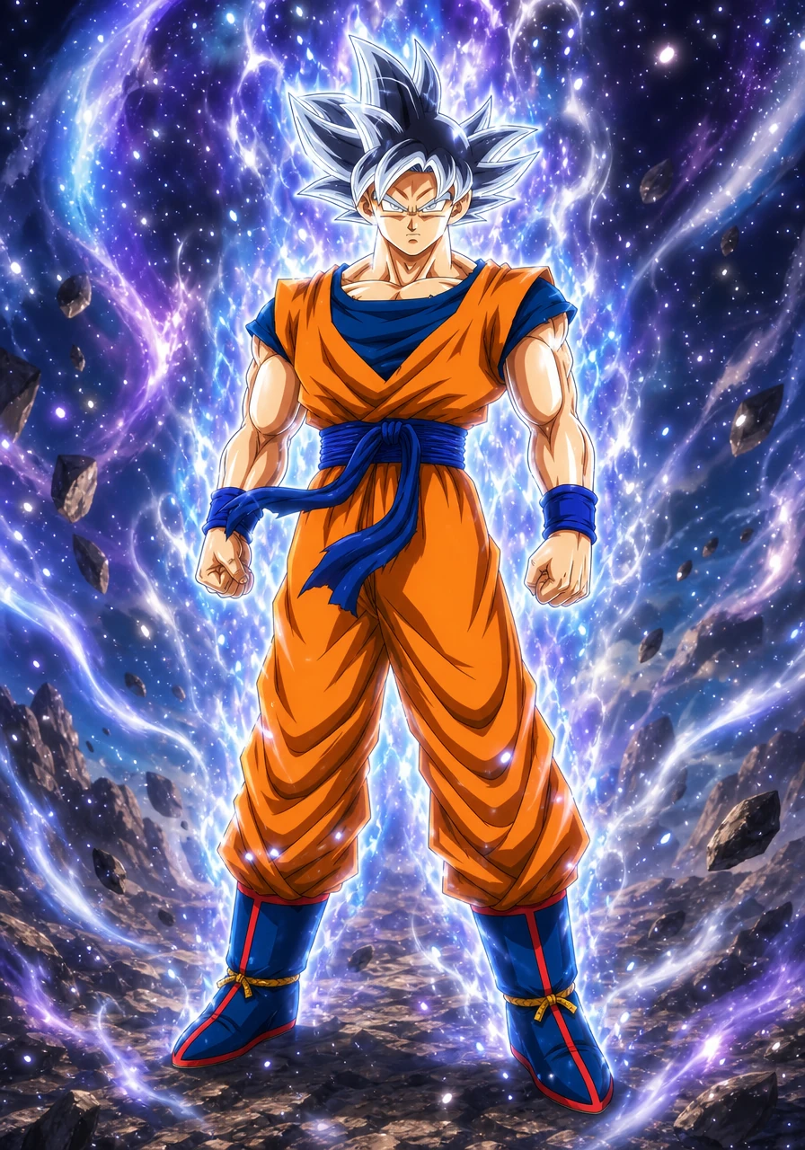 As the intense light began to condense, Goku lifted his head, revealing eyes that shone with a piercing, silver brilliance. His dark hair flickered, catching the cosmic glow of a power that transcended mortal understanding.