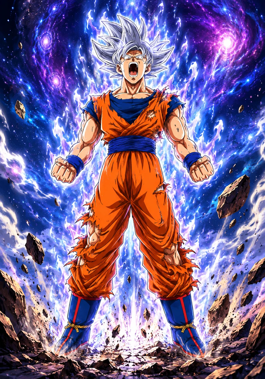 With a mighty roar that echoed through the heavens, the transformation reached its peak as his hair completely shifted into a majestic, shimmering silver. The universe seemed to hold its breath in the presence of Mastered Ultra Instinct.