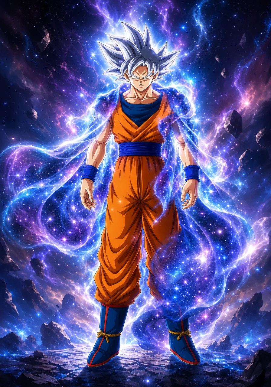Goku stood enveloped in a serene, flowing cloak of galaxy-like energy, his posture completely relaxed yet radiating absolute dominance. His body now moved purely on flawless instinct, entirely independent of his thoughts.