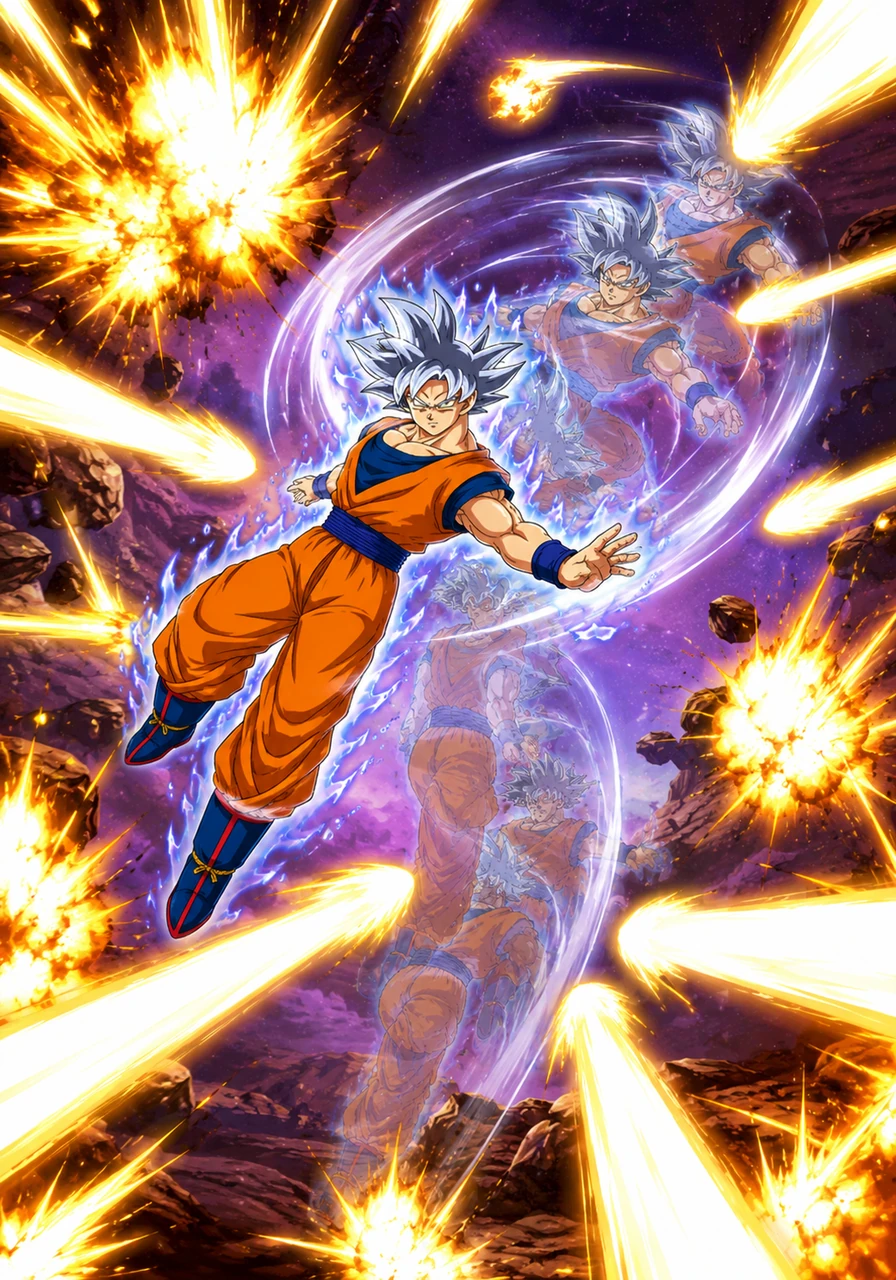 The enemy launched a furious, blinding barrage of energy blasts, but Goku glided through the explosions with effortless grace. Leaving a trail of silver afterimages, he evaded every single attack without taking a step back.