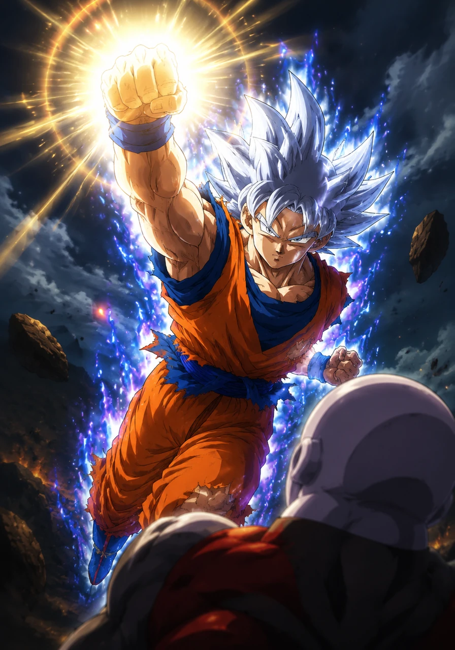 Goku raised his glowing fist, ready to deliver a definitive strike for peace, his expression filled with calm determination. The ultimate warrior had awakened, a beacon of hope shining brightly against the darkness.