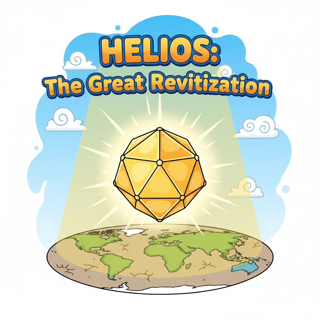 A vibrant, stylized dodecahedron, the emblem of Project Helios, gleams brightly with warm, golden sunlight. It floats majestically over a simplified, slightly parched cartoon world map, casting a hopeful glow across the continents. The bold title 'HELIOS: The Great Revitalization' stands prominently above.