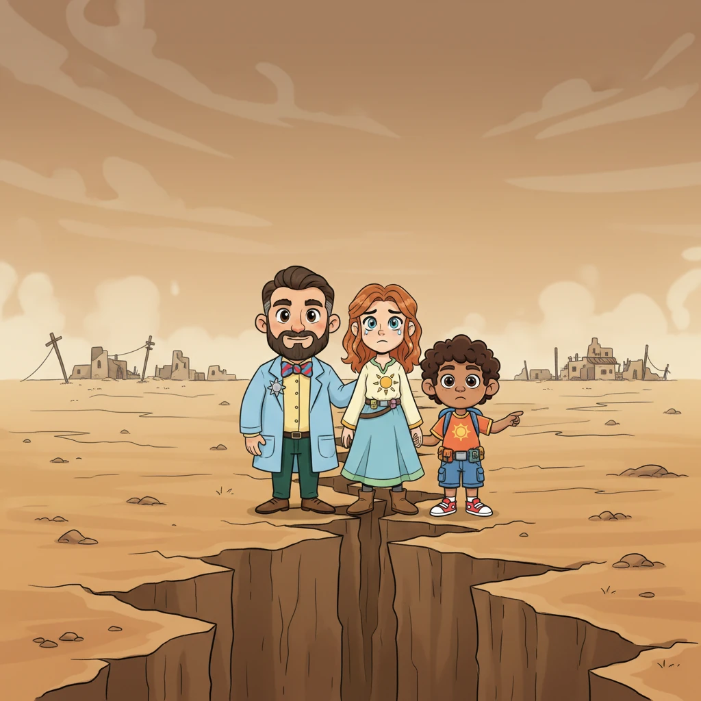 A panoramic, desolate landscape stretches out, dominated by an exaggerated, deep crack in the dry, baked earth. In the distance, a small, abandoned village with crumbling structures sits under a hazy sky. A cartoon family, their faces etched with sadness, stands at the edge of the crack, gazing mournfully at the barren horizon, symbolizing the planet's severe desertification crisis.
