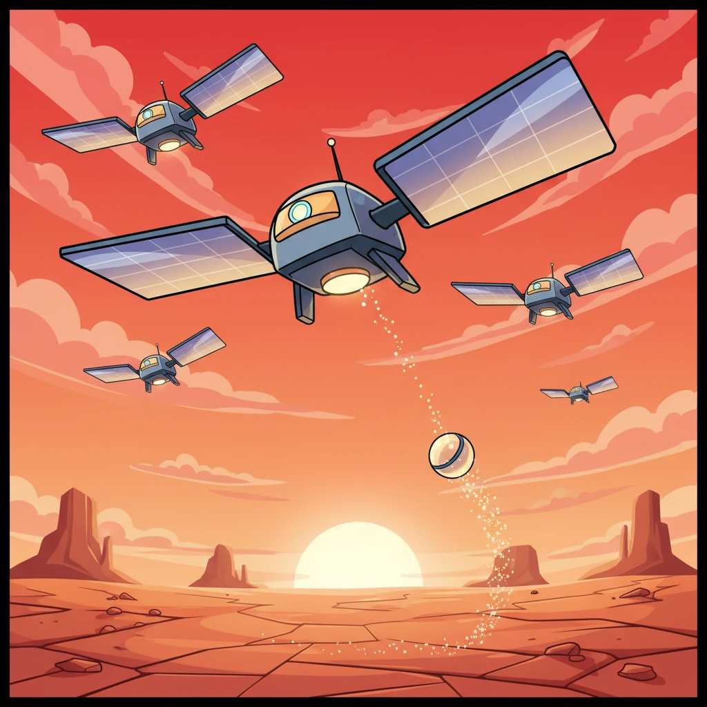A sleek fleet of futuristic, cartoon drones, their wings shimmering with oversized solar panels, gracefully soars through a vivid, reddish sunset sky above a vast, stylized desert. From one of the drones, a small, glowing 'life capsule' detaches, leaving a playful trail of light as it descends towards the parched ground below. The scene is full of dynamic movement and subtle urgency.