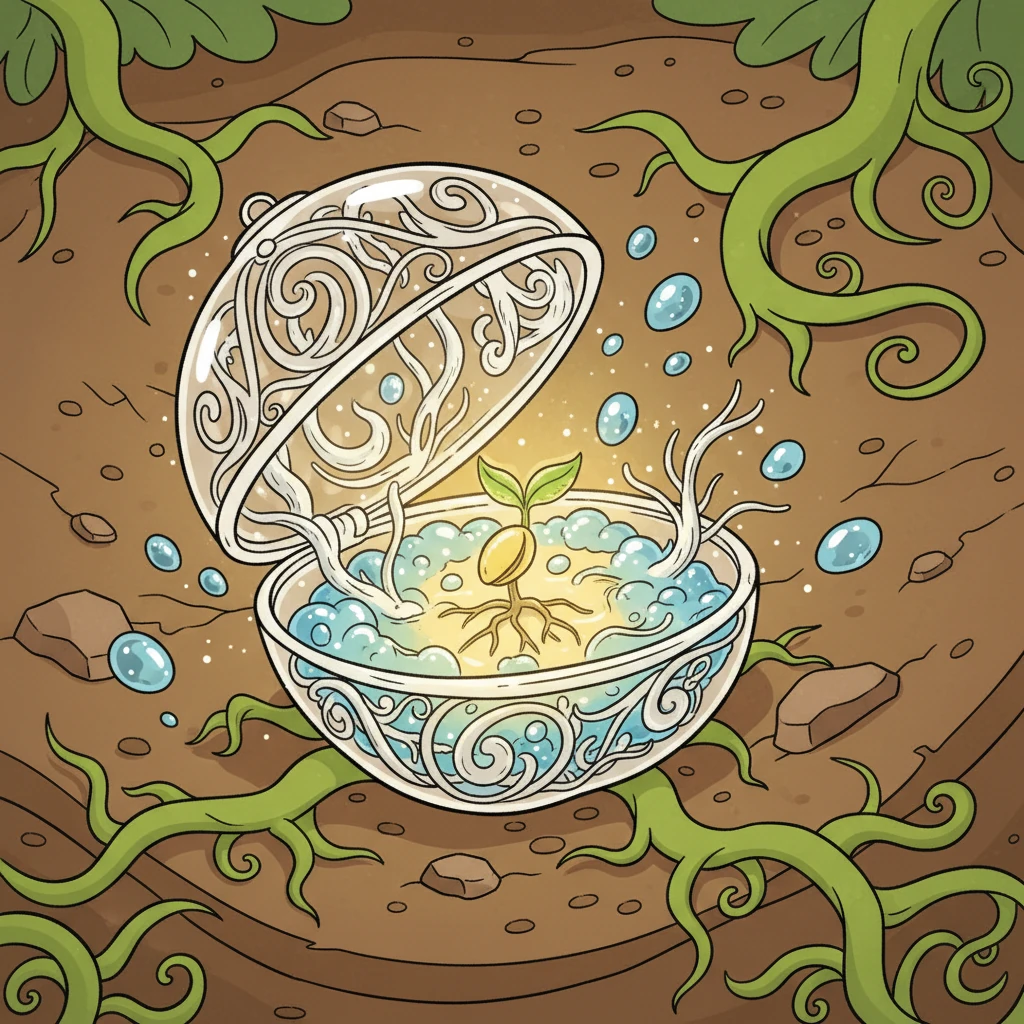 A whimsical close-up reveals a transparent, intricate life capsule gently opening within the stylized earth. Inside, a tiny, determined seed glows softly as it germinates, surrounded by glistening droplets of hydrogel and delicate, shimmering strands of mycorrhizal fungi. The interior glows with an exaggerated, magical light, hinting at the life-giving power contained within.