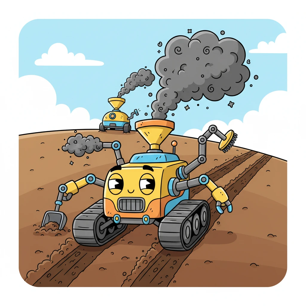 A robust, multi-armed autonomous rover, with exaggerated treads and playful mechanical limbs, methodically carves precise, neat furrows into a cartoon hillside. In the background, a whimsical cloud of biochar playfully billows out from another device, gently dusting the soil. The scene pulsates with a sense of methodical efficiency and diligent work.