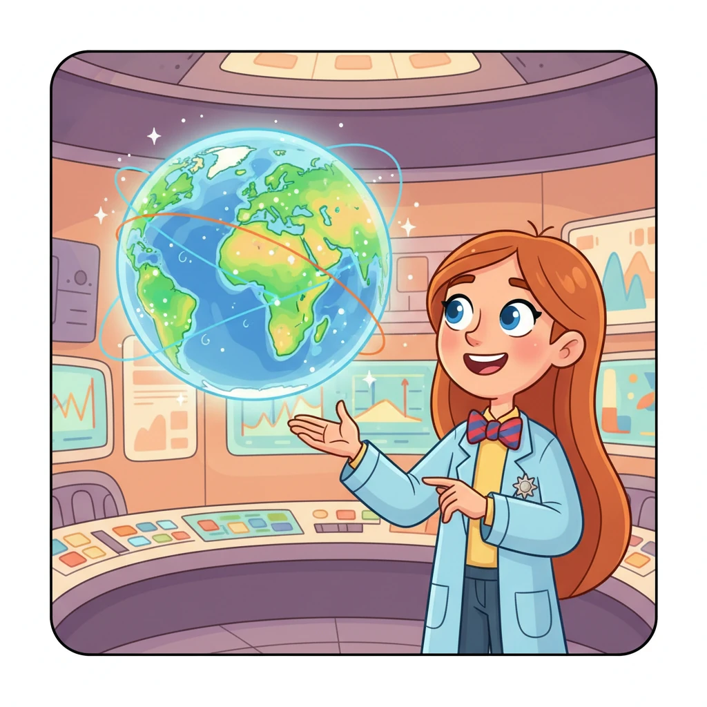 Inside a vibrant, high-tech cartoon control room, a glowing, virtual globe of Earth floats prominently, crisscrossed with playful connecting lines and exaggerated heat maps showing moisture levels. Bright green dots, representing new plant growth, pepper the globe. Dr. Anya Sharma, a scientist with large, expressive eyes and a hopeful smile, observes the screens, her face alight with optimism.