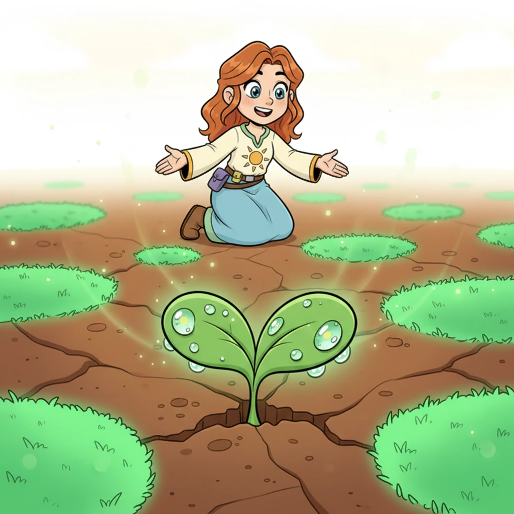 A time-lapse visual effect transforms the landscape: what was once a uniformly brown, barren cartoon scene now shows delightful, exaggerated patches of vibrant green emerging across the terrain. A dramatic close-up focuses on a tiny, brave sprout, pushing through the revitalized earth, adorned with sparkling, oversized dew drops, a symbol of new beginnings.
