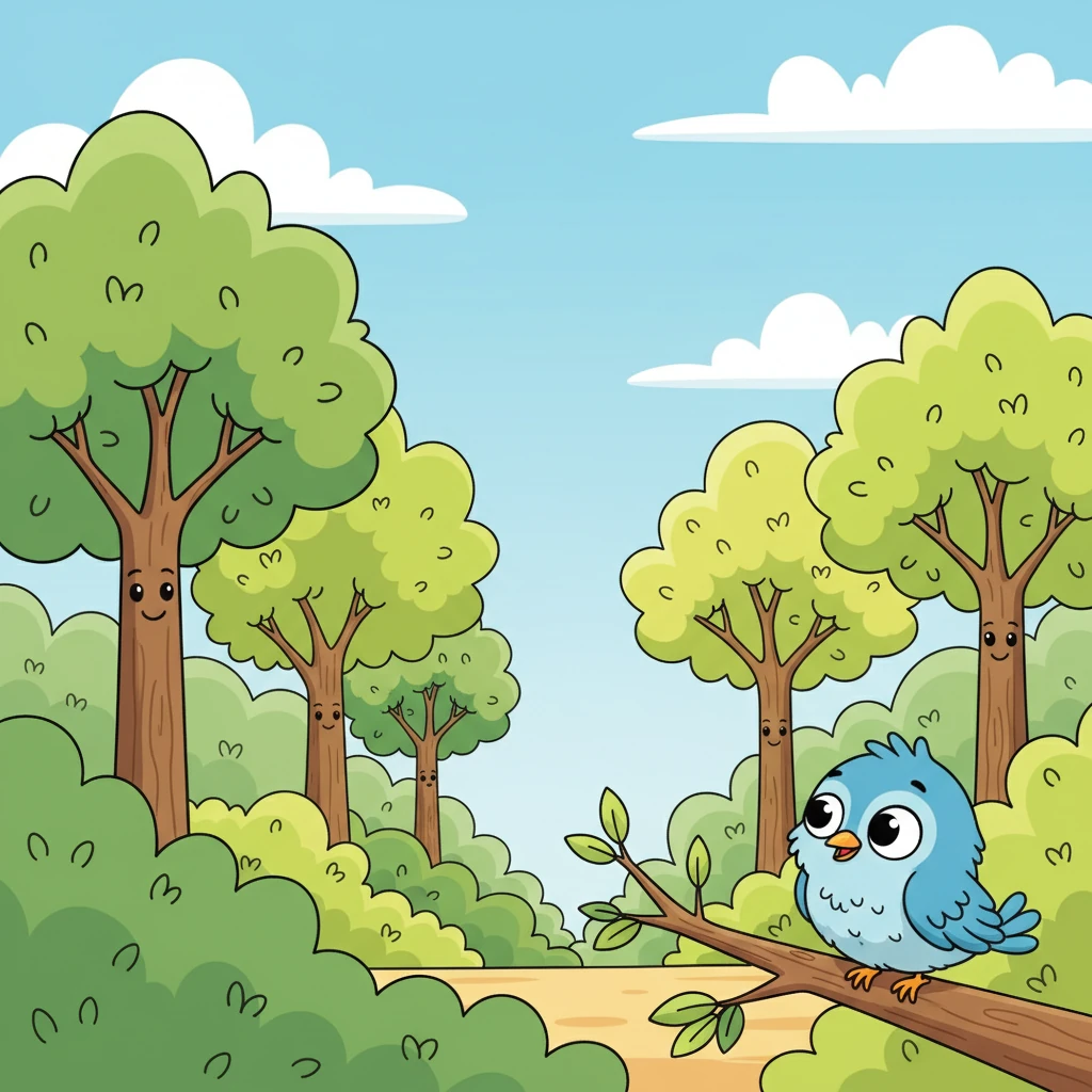 The landscape has undergone a remarkable transformation, now showcasing lush, stylized bushes and small, happy trees with abundant foliage. A cute, wide-eyed cartoon animal, perhaps a cheerful bird or a curious small mammal, peeks cautiously from the edge of the scene, observing the vibrant, new habitat that has sprung to life, signifying the return of biodiversity.