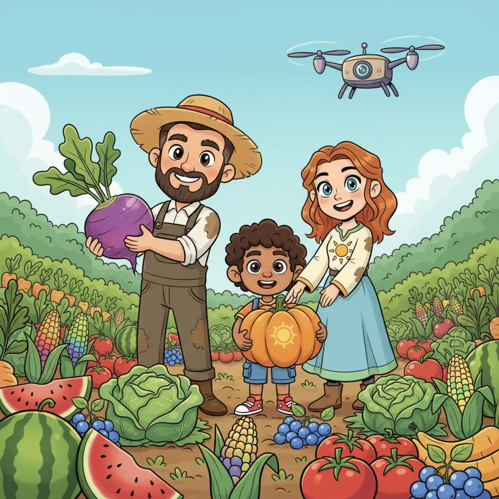 The same farming family from Scene 2 now stands in a lush, green, and incredibly fertile cartoon field, their faces beaming with big, joyous smiles. They are proudly harvesting exaggeratedly plump and colorful fruits and vegetables. In the background, a friendly drone glides silently, overseeing the thriving landscape, a testament to human ingenuity and restored harmony.