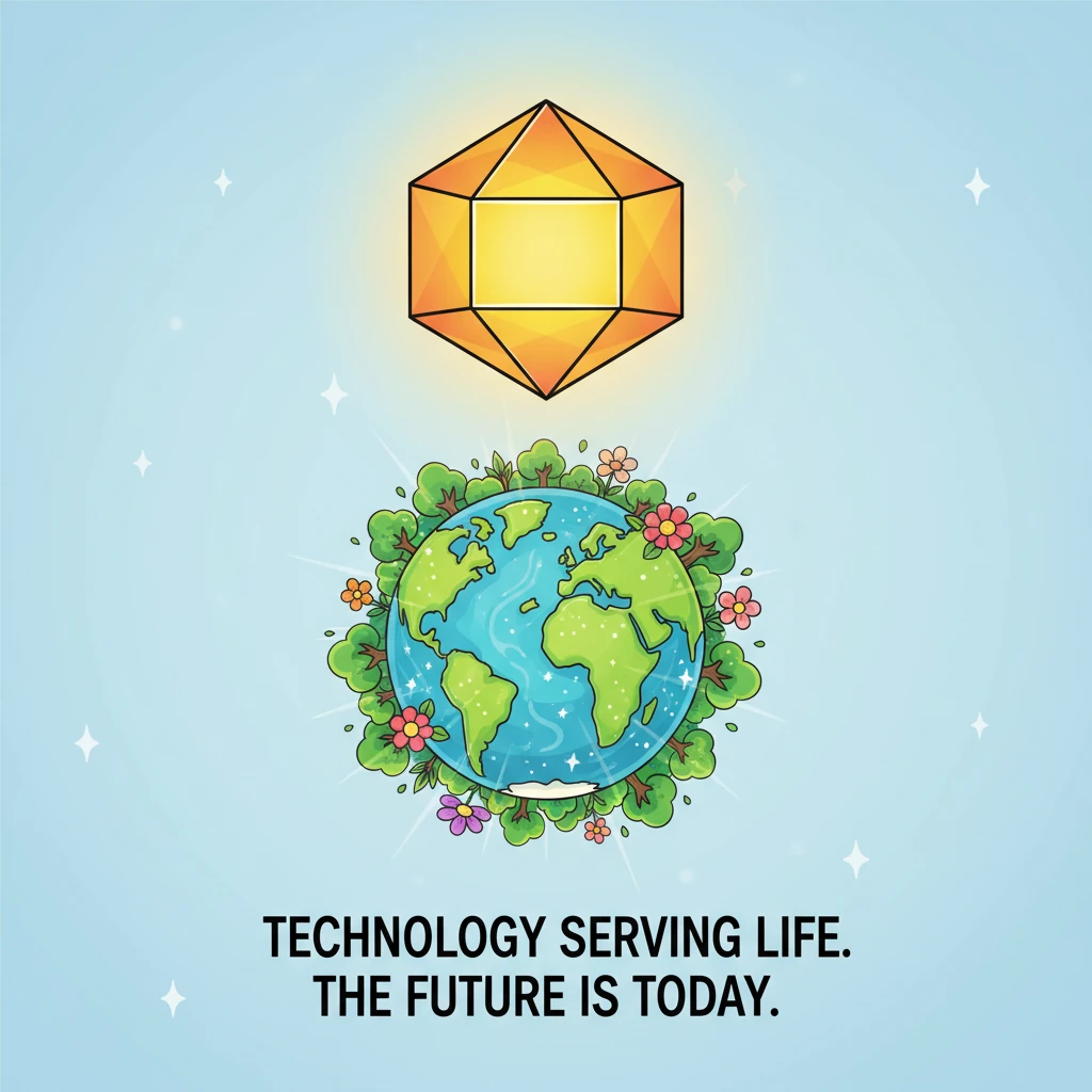 The vibrant, stylized Helios dodecahedron logo reappears, but this time it hovers over a cartoon Earth bursting with exaggerated, vibrant life in every shade of green and blue. The planet pulses with energy and health, symbolizing a successful revitalization. A hopeful message, 'Technology serving life. The future is today,' appears subtly beneath, inspiring action.