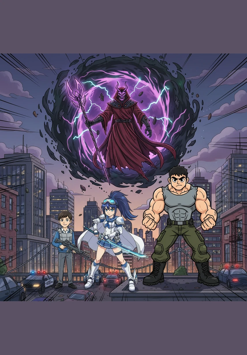 A dark, swirling portal tears open the sky above a modern city, revealing the menacing silhouette of Lord Kharon with his black-blooded wings. The winged alien leader declares a deadly game, forcing humans with extraordinary powers to enter his dimension for a fight to the death.