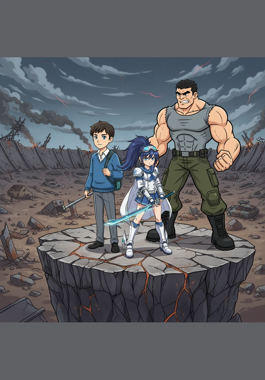 Kenjiro and other young survivors find themselves transported to the Doomsday Arena, a jagged landscape of floating rocks and purple skies. The air crackles with tension as the reality of the Battle Royale sets in, forcing these teenagers to choose between fighting or hiding.