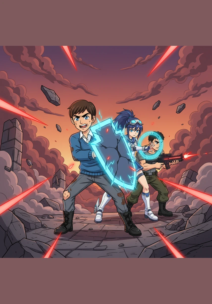 Kenjiro summons glowing starlight crystals from his palms to defend himself against an aggressive attacker in the desolate ruins. Nearby, Miyuki ignites her phoenix-like flames to ward off danger, while Ryu braces for impact with his massive, titan-like strength.