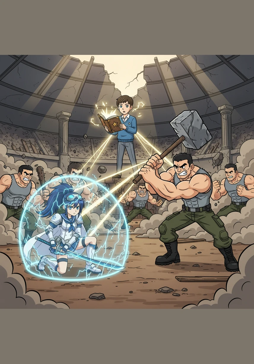 In the shadows of the arena, Lila uses her telekinetic mind waves to overwhelm a rival and absorb their elemental wind energy. The competition grows fierce and chaotic as Zara creates a massive water shield to block a barrage of energy blasts from a rival group.